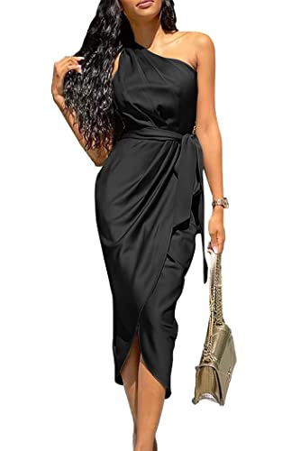 PRETTYGARDEN Women's 2024 Summer Ruched Bodycon Dress Sleeveless One Shoulder Wrap Satin Belted Cocktail Midi Dress(Black,Large)