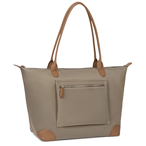 DORIS&JACKY Tote Bag For Women Large Lightweight Leather Nylon Work Shoulder Bag And Foldable Travel Purse (16-Light Brown)
