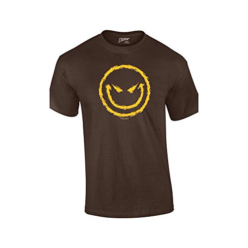 Evil Smiling Face with Yellow Devilish Smile Cool Retro Sarcastic Grin Funny Novelty T-Shirt-Brown-Large