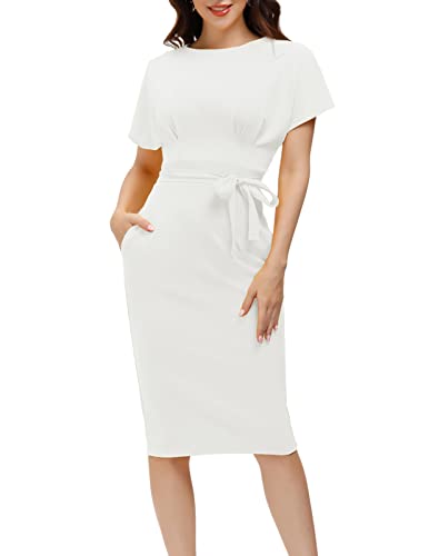 JASAMBAC White Work Dresses for Women Business Professional Bodycon Pencil Dress with Belt