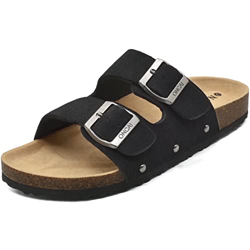 ONCAI Womens Comfortable Sandals Knock Off Clogs Sandals Women Dressy Summer Flat with Arch Support Two Strap Slip On Adjustable Buckle Slides Shoes for Women Black Size 7