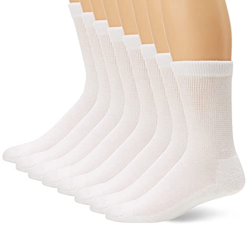 MediPEDS 8 Pair Diabetic Crew Socks with Non-Binding Top, White, Shoe Size: Men 12-15