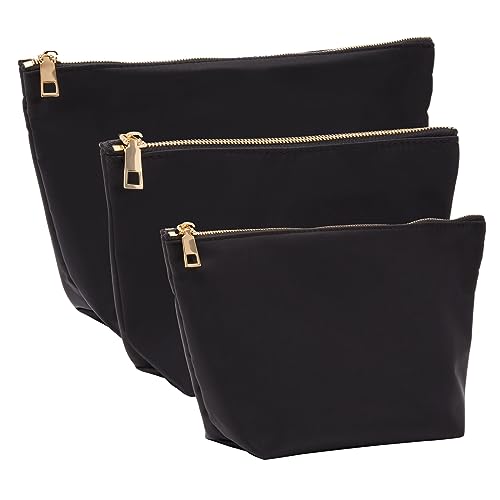 Glamlily 3 Piece Black Makeup Bag Set for Women, Nylon Zipper Cosmetic Pouch Organizers for Travel, Toiletries (3 Sizes)