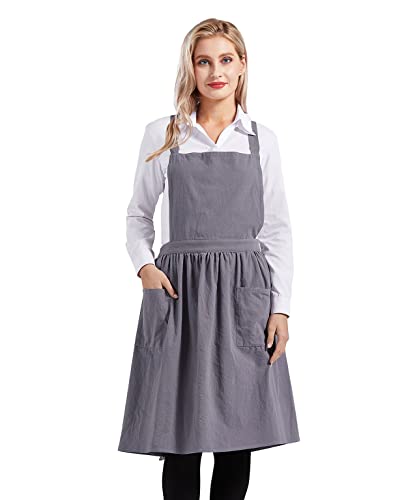 Nanxson Cotton Linen Apron Cross Back Pinafor for Women With Pockets for Cooking Gardening Baking Paiting CF3046 Grey