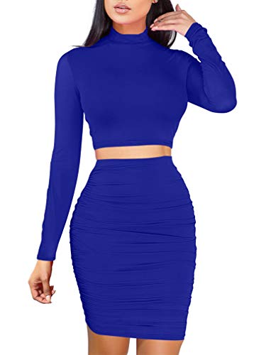 GOKATOSAU Women's Sexy Bodycon 2 Piece Outfits Dress Long Sleeve Crop Top Ruched Skirt Royalblue