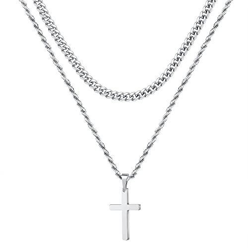 Yooblue Cross Necklace for Men, Stainless Steel Silver Layered Rope Chain Cross Pendant Necklace for men Jewelry Gifts Necklace for Men 16 18 Inch Mens Gifts for Boy Chains
