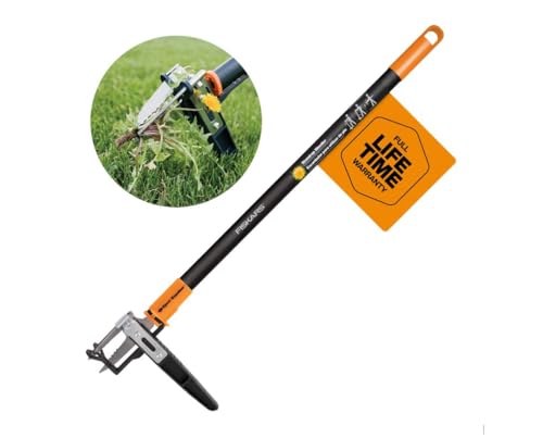 Fiskars 3-Claw Stand Up Weeder - Gardening Hand Weeding Tool with 39' Long Ergonomic Handle - Easy-Eject Mechanism - Black/Orange