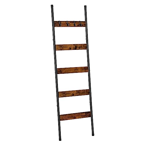 HOOBRO Blanket Ladder, 5-Tier Towel Rack with Hooks, Wall-Leaning Blanket Rack, Decorative Display Ladder Shelf, Scarves, Industrial, Living Room, Bedroom, Rustic Brown and Black BF52CJ01