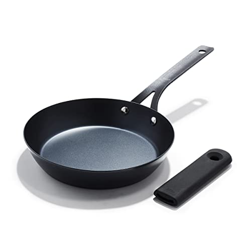 OXO Obsidian Pre-Seasoned Carbon Steel, 8' Frying Pan Skillet with Removable Silicone Handle Holder, Induction, Oven Safe, 1.8 Liters, Black