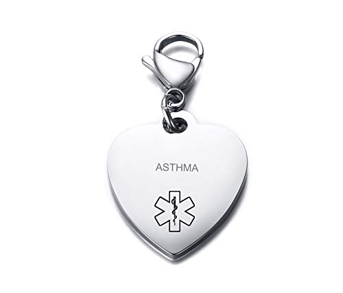 VNOX Asthma Medical Alert Symbol Stainless Steel Heart Shape ID Tag Keychain,Charm for Bracelet Handmade Jewelry