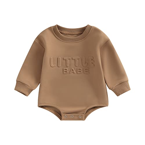 Amiblvowa Gender Neutral Baby Sweatshirt Romper Long Sleeve Crewneck Bubble Bodysuit Sweater Jumper Newborn Girl Boy Clothes (Brown Little Babe, 0-3 Months)