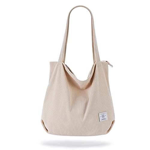 KALIDI Women Corduroy Tote Bag Casual Tote's Handbag Big Capacity Shoulder Bag with Pockets Zippers (Cream White)