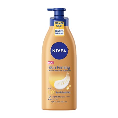 NIVEA Skin Firming Melanin Beauty and Hydration Body Lotion with Q10 and Argan Oil, Firmer Skin in as Little As Two Weeks, 16.9 Fl Oz Bottle