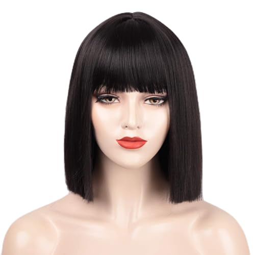 ENTRANCED STYLES Black Bob Wig with Bangs, Short Black Wig for Women Straight Bob Wigs Heat Resistant Synthetic wig Mia Wallace Cleopatra Cospaly Daily Party Use 12”