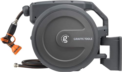 Giraffe Tools AW30 Garden Hose Reel Retractable 1/2' x 100 ft Wall Mounted Water Hose Reel Automatic Rewind, Any Length Lock, 100ft, Dark Grey