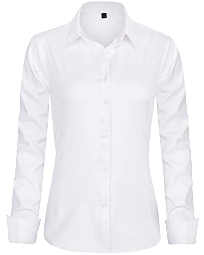 J.VER Womens Dress Shirts Long Sleeve Button Down Shirts Wrinkle-Free Stretch Regular Fit Solid Work Blouse White Medium