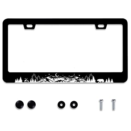 Mountains License Plate Frame Stainless Steel Car Accessories Deer Bear Forest Mountain License Plate Frames Personalized License Plate Cover Fits Standard U.S. Vehicles for Men Women 12.2 X 6