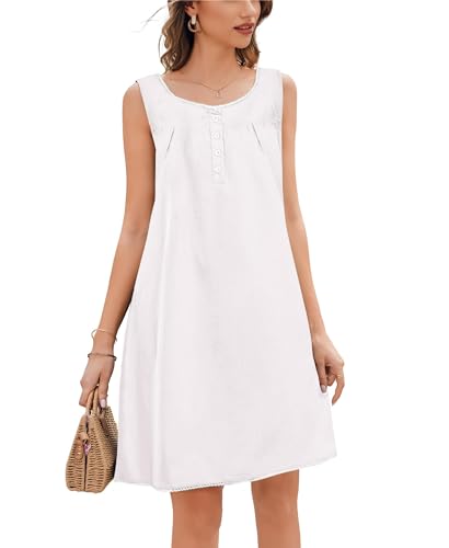 Ekouaer Sleeveless Nightgown for Womens Button Lace Soft Night Shirts Cotton Night Dress(Raw White L)