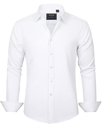 J.VER Men's Dress Shirts Solid Long Sleeve Stretch Wrinkle-Free Shirt Regular Fit Casual Button Down Shirts White L Tall