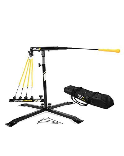 SKLZ Hurricane Batting Swing Trainer for Baseball & Softball - Durable Swing Arm - 4 Power Band System - High-Visibility, Anti-Dent Target Ball Head - Screw-in Base Legs, Metal Stakes & Carry Bag