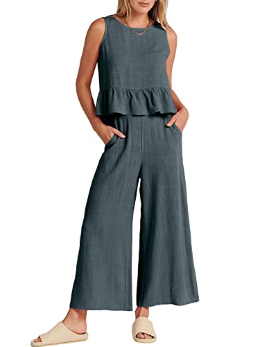 ANRABESS Women Summer 2 Piece Outfits Sleeveless Tank Crop Top Wide Leg Pants Linen Jumpsuits Lounge Matching Beach Sets 817shenhui-S