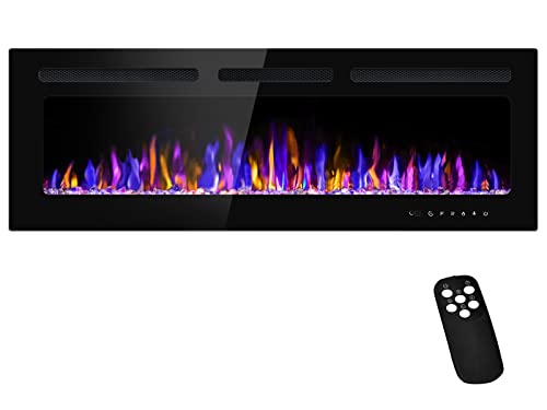 BETELNUT 50' Electric Fireplace Wall Mounted and Recessed with Remote Control, 750/1500W Ultra-Thin Wall Fireplace Heater W/Timer Adjustable Flame Color and Brightness, Log Set & Crystal Options