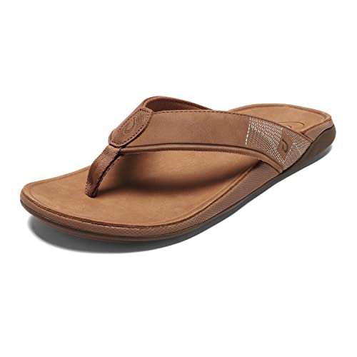 OLUKAI Tuahine Men's Beach Sandals, Quick Dry Flip-Flop Slides, Waterproof Full-Grain Leather & Wet Grip Soles, Soft Comfort Fit & Arch Support, Toffee/Toffee, 11