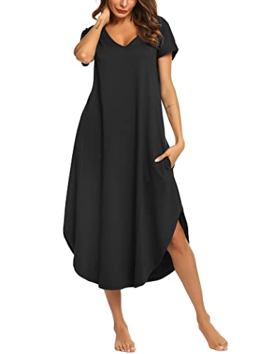 Ekouaer Sleepwear Womens V Neck Nightshirt Casual Loungewear Short Sleeve Long Nightgown,Black,Large