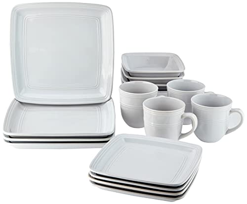 American Atelier Square Dinnerware Sets | White Kitchen Plates, Bowls, and Mugs | 16 Piece Stoneware Madelyn Collection | Dishwasher & Microwave Safe | 10.75 x 10.75 Service for 4