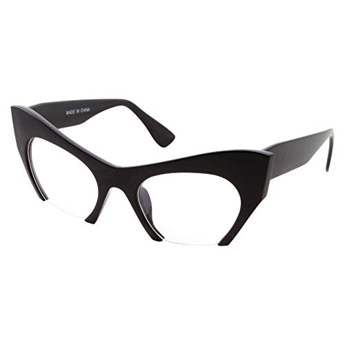 Semi Rimless Cat Eye Glasses Clear Lens Half Frame Cut Off Bottom (Black)