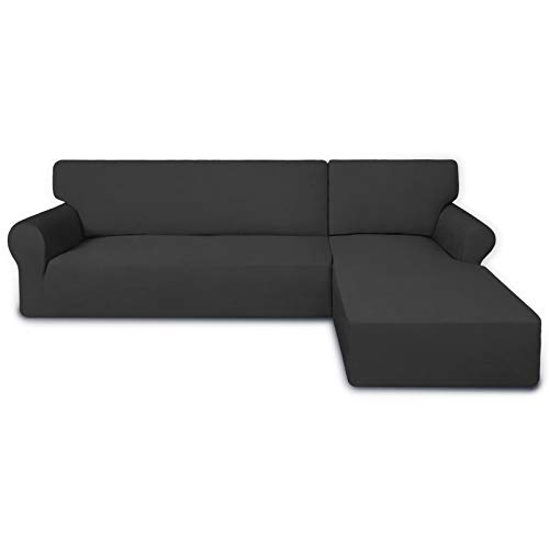 PureFit Super Stretch Sectional Couch Covers - 2 pcs Spandex Non Slip, with Elastic Bottom for L Shape Sectional Sofa Couches, Great for Kids & Pets (3 Seat Sofa + 3 Seat Chaise, Dark Gray)