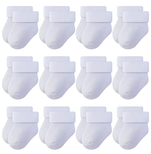 RATIVE Newborn Thick Terry Turn Cuff Socks for Unisex Baby Boy and Girl (0-3 months, 12-pairs/white)