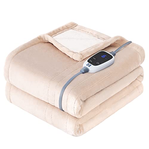 SEALY Heated Blanket Electric Throw, Flannel & Sherpa Heating Throw with 6 Heat Settings & 2-10 Hours Auto Shut Off, Fast Heating & ETL Certification, 50x60 Inch, Beige