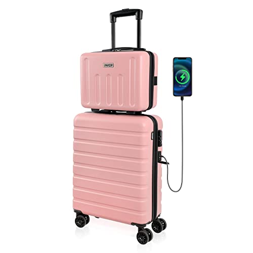 AnyZip Suitcase, 20' Carry On Luggage 14' Mini Cosmetic Cases Luggage Sets Hardside PC ABS Lightweight USB Suitcase with Wheels TSA (2 Piece Set 14/20, Pink)
