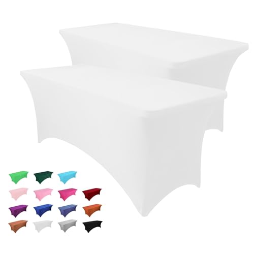 Hussome 2 Pack 6FT Table Cloth for Rectangle Table White Tablecloth Rectangular Fitted Stretch Spandex Table Covers 6 ft for Birthday, Cocktail, Wedding, Banquet Spring Summer Outdoor Party