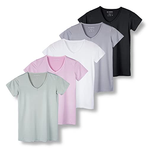 Real Essentials Womens Plus Size V Neck T-Shirt Ladies Yoga Top Athletic Tees Active Wear Gym Workout Zumba Just My Exercise Running Essentials Dry Fit Wicking Basic Clothes, Set 9, 2X, Pack of 5