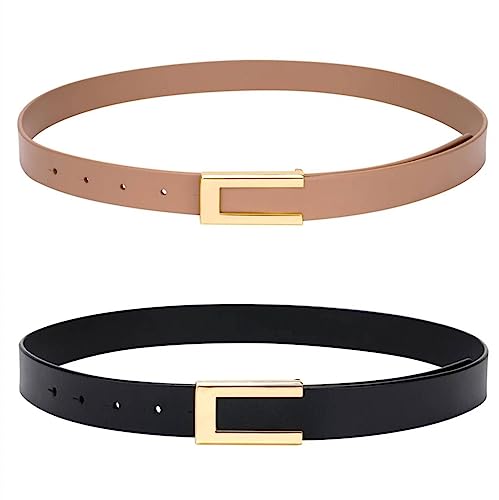 YooAi Womens Leather Belt Skinny Waist Belt for Dresses Jeans Pants with Gold Buckle Black+Khaki 95