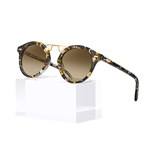 CARFIA Small Acetate Polarized Sunglasses for Women UV Protection, Retro Double Bridge Eyewear Metal Brow Round Sunnies