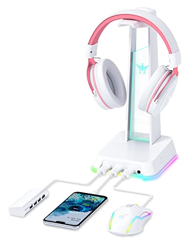 SOSISU RGB Headphones Stand with 3.5mm AUX and 3 USB 2.0 Ports, Gaming Headset Holder Hanger with Non-Slip Rubber Base for SOSISU Gaming Headset(Not Included), PC, Desktop (White)