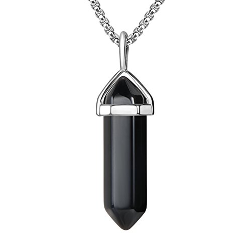 BEADNOVA Black Onyx Necklace Gemstone Crystal Necklace for Women Healing Stone pendant Jewelry for Men Pendulum Divination Black Crystal Hexagonal pendant (18 Inches Stainless Steel Chain)