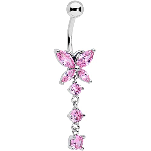 Body Candy Womens 316L Steel Navel Ring Piercing Pink Accent Double Butterfly Dangle Belly Button Ring