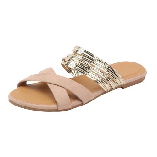 JEUROT Slip On Sandals for Women Casual Flat Sandal Open Toe Wide Width Flat Slides Sandals Bohemian Beach Shoes Strappy Slippers for Summer