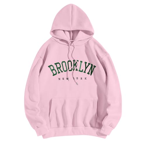 BLUBUKLKUN warehouse clearance Brookyln Sweatshirt Hoodies for Women Long Sleeve New York Letter Printed Oversized Y2K Hoodie Fleece (Pink, XXL)