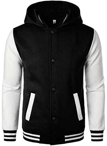 HOOD CREW Mens Casual Sports Varsity Jacket Fashion Hooded Letterman Jackets Black M