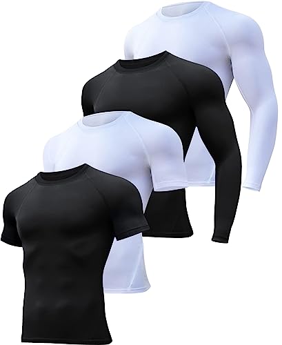 HOPLYNN 4 Pack Workout Compression Shirts Men Long/Short Sleeve Rash Guard Athletic Undershirt Gear T Shirt for Sports 2 Black 2 White L