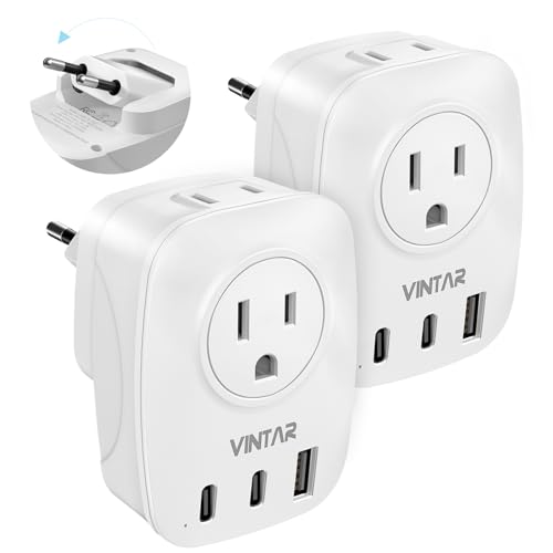 [2 Pack] European Travel Plug Adapter, VINTAR Foldable International Power Plug with 2 AC Outlets 3 USB Ports(2 USB C), Type C Travel Essentials Charger for US to Most of Europe EU Italy Spain France