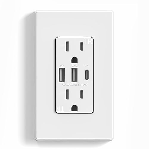 ELEGRP 3-Port USB C Wall Outlet, 30W 6.0A Electrical Outlet, Tamper-Resistant with USB C Ports, UL Listed, Screwless Wall Plate, Matte White
