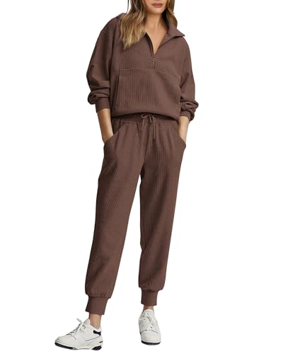 BTFBM Women's 2 Piece Tracksuit Fall Outfits 2024 Long Sleeve Half Zip Sweatshirt Sweatpants Lounge Set With Pockets(Solid Coffee,Medium)