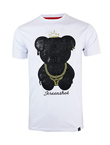 SCREENSHOT-S11222 Mens Hip-Hop Streetwear Ultra Premium Quality Tee - Big Head Shadow Teddy Bear Patch Embroidery Gel Print T-Shirt-White-Medium
