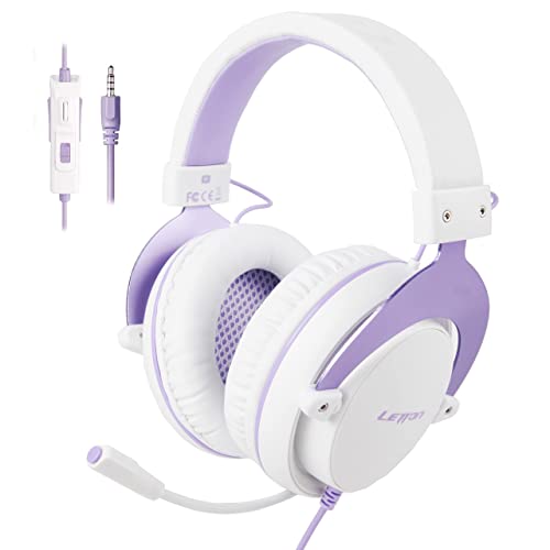 Stereo Gaming Headset for PS4, PC, Mobile, Noise Cancelling Over Ear Headphones with Retractable and Flexible Mic & Soft Memory Earmuffs for Laptop Games-Purple